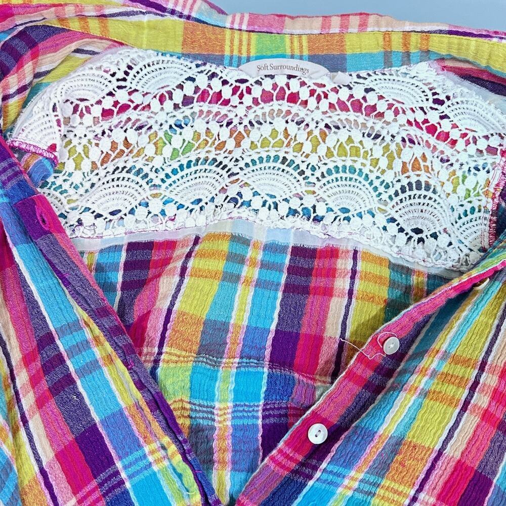 Soft Surroundings Kona Shores Button Up Gauzy Rainbow Plaid Cotton Blouse LGE - Picture 7 of 9